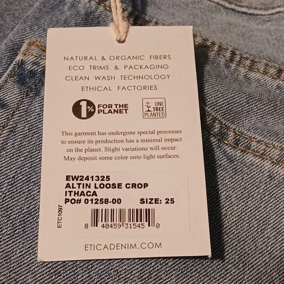 NEW Etica Altin Loose Fit Crop Button-Fly‎ Jeans Ithaca/Lighter Wash Size 25